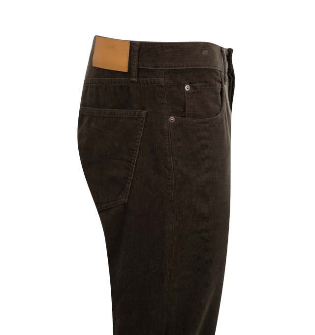 Image 3 of 3 - BROWN - SEEKINGS 98 Fit Jeans featuring corduroy, baggy fit with tapered leg, 5 pocket styling, button fly, high rise, leather patch on back of waistband and engraved hardware. 100% cotton.  