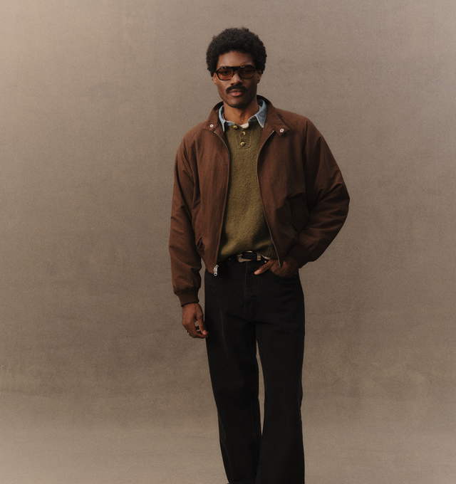 Image 5 of 7 - BROWN - Cherry LA Nylon Championship Jacket is crafted from nylon and features a regular-fit silhouette, a front nickel zip closure, and rib-knit cuffs and hem. Designed with a brushed cotton lining, welt pockets with hidden snap closures, and embroidered detailing at the neck and center back, this lightweight jacket draws inspiration from classic championship styles with a contemporary finish. Main Material: Nylon. Lining: Brushed Cotton. Made in Los Angeles, USA. 