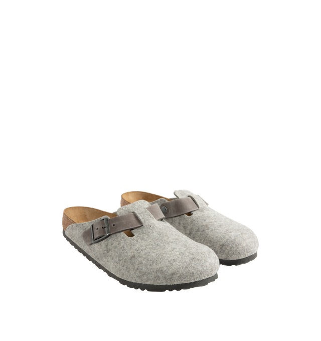 Image 2 of 4 - GREY - Birkenstock Boston Clogs have round toes, adjustable straps, cork and latex insoles, contoured footbeds, and EVA outsoles. Suede uppers and lining. Made in Germany.  