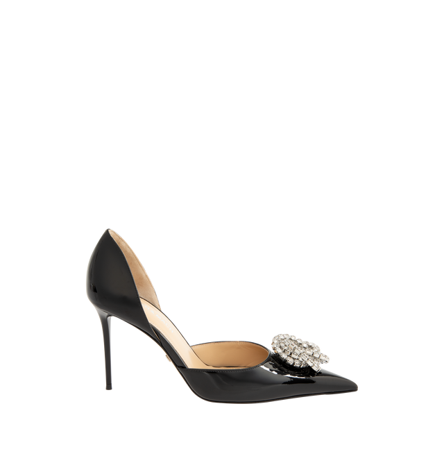 Image 1 of 4 - BLACK - Mach & Mach Women's Galaxy 95 D'Orsay Pumps are crafted from patent leather and feature an elegant D'Orsay silhouette with a pointed toe. Designed with a crystal-embellished Galaxy buckle detail, slip-on construction, leather lining, and a 95mm stiletto heel for a refined statement finish. Main Material: Patent Leather.  