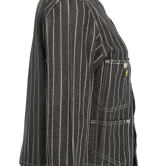 Image 3 of 3 - BLACK - R13 Women's Cropped Chore Jacket is crafted from a textured linen, wool, and cotton blend and reinterprets classic workwear through the brands signature elevated lens. Cut in a cropped silhouette, this versatile jacket combines structured tailoring with utility-inspired styling, while cow leather trims add a refined finishing touch. Ideal for layering, it balances rugged character with modern sophistication. Main Material: 50% Linen, 35% Wool, 15% Cotton. Trims: Cow Leather. 