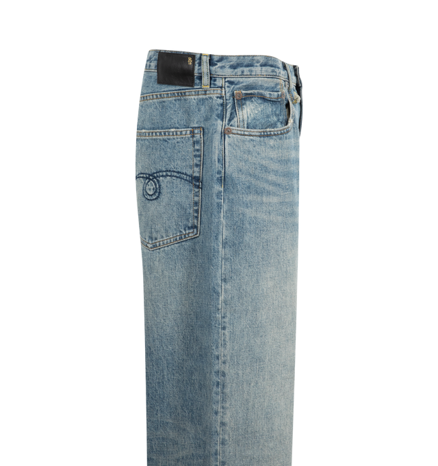 Image 3 of 3 - BLUE - R13 D'Arcy Loose Jeans are a 5-pocket style with a loose fit, whiskering and fading overall, a leather logo patch at the back, and embroidery on the rear pocket.  