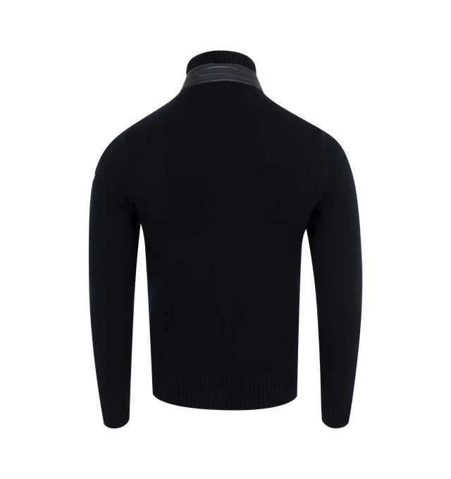 Image 2 of 3 - NAVY - Moncler Padded Wool Zip-Up Cardigan has a double collar with a snap button closure, a down-filled front, a water-repellant front zipper, and zipper pockets. Fill 90% down, 10% feather. Made in Turkey.  