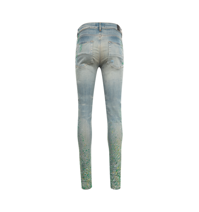 Image 2 of 3 - BLUE - Amiri Painter Skinny Jeans are a 5-pocket style with a concealed button fly, rivet detailing, contrast stitching, and paint splatter details. 100% cotton. Made in USA.  