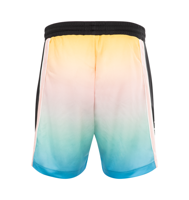 Image 2 of 3 - MULTI - CASABLANCA Gradient Football Shorts featuring gradient pattern printed throughout, paneled construction, Concealed drawstring at elasticized waistband, two-pocket styling, embroidered logo patch at front and logo printed at side. 100% polyester. 100% cotton. 