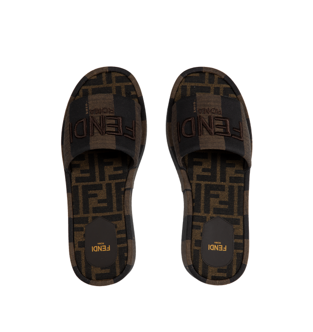 Image 4 of 4 - BROWN - FENDI Sunshine 65MM Pequin Striped Platform Slides featuring bold logo lettering embroidered, platform sole, open toe and slips on. 65MM. Cotton/acetate upper. Plastic sole. Made in Italy. 