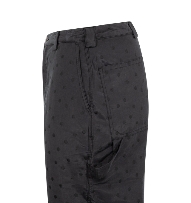 Image 3 of 3 - BLACK - Lite Year Carpenter Pants crafted from Japanese dyed double cloth jacquard fabric with black mini polka dots, antique nickel hardware, button fly, side pockets, back pockets. 65% Cotton/ 35% Nylon.  