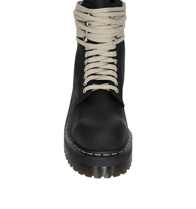 Image 7 of 7 - BLACK - Dr. Martens x Rick Owens FW26 Quad Sole Steel Toe Boot in Nubuck Leather. These Women's Dr. Martens boots are reimagined by Rick Owens and feature pearl lacing, a steel toe cap, and palladium-finish hardware, including eyelets, hooks, and a side zipper. The boot features an extended geometric tongue and a woven Dr. Martens AirWair heel loop in black and pearl. Finished with a Quad sole, the design is detailed with a pearl welt stitch. This heavyweight nubuck cow leather has a flat, ma 