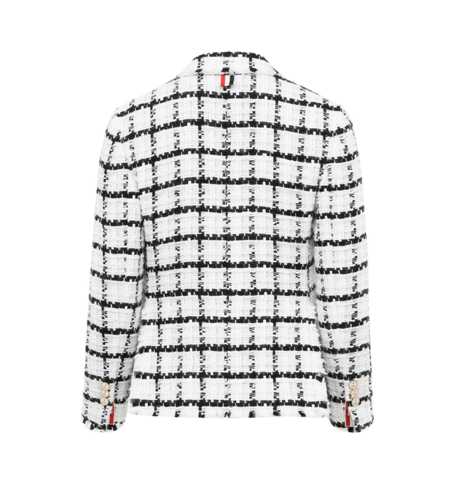 Image 2 of 2 - WHITE - THOM BROWNE High Armhole Sport Coat featuring windowpane eyelash tweed, 2-button front closure, notched lapels, 2 flap front pockets, single chest pocket, buttoned cuffs with signature striped grosgrain trim, double vented back hem, striped lining with interior pockets and name tag and signature striped grosgrain loop tab at back of neck. 54% wool, 41% nylon, 5% cotton. Made in Italy. 