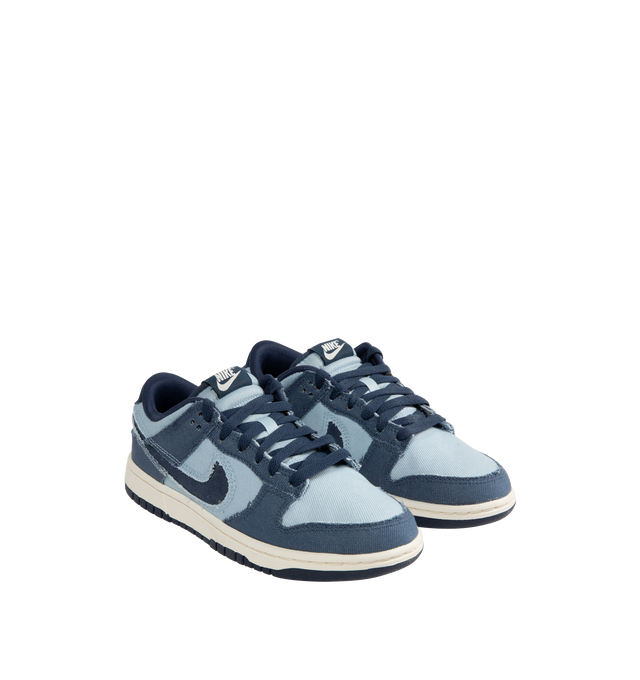 Image 2 of 5 - BLUE - Nike Dunk Low Sneakers with Armory Blue and Midnight Navy color-blocking,  a padded, low-cut collar, leather upper with a slight sheen and durability, foam midsole offering lightweight, responsive cushioning. Perforations on the toe add breathability. Rubber sole with classic hoops pivot circle provides durability and traction. 