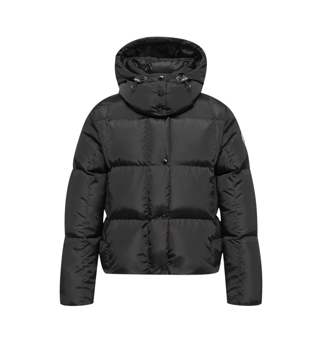 Image 1 of 1 - BLACK - Moncler Women's Castlenew Hooded Down Jacket is crafted from recycled technical nylon with a water-repellent finish and features a quilted puffer design. Designed in a regular-fit silhouette, this down-filled jacket is finished with a high collar, detachable and adjustable hood, concealed front closure with logo snap buttons, side zip pockets, elasticized cuffs, and the signature felt logo patch at the sleeve. A contrasting interior and refined construction balance technical performan 