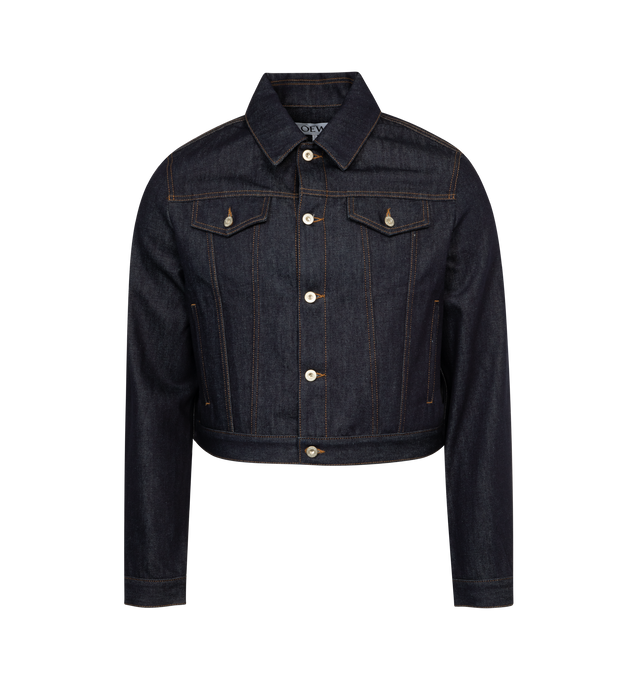 BLUE - LOEWE Trucker Jacket featuring small fit, short length, classic collar, buttoned cuffs, button front fastening, buttoned chest flap pockets, welt pockets, tobacco topstitching and LOEWE embossed leather patch placed at the back. 100% cotton. Made in Italy.
