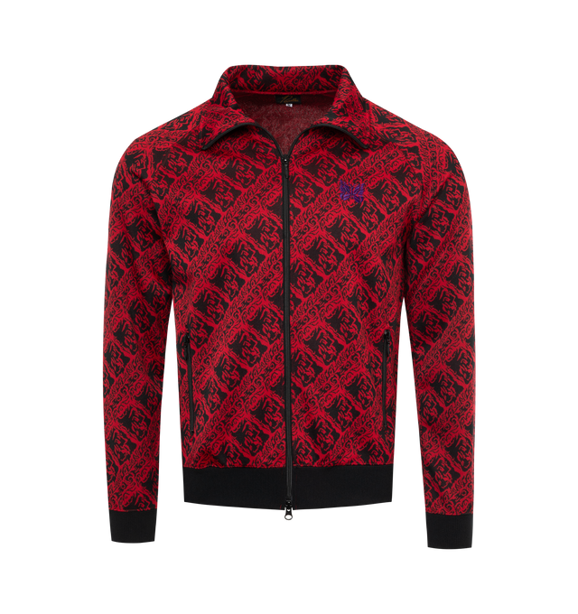 Image 1 of 3 - RED - NEEDLES Track Jacket featuring graphic pattern, funnel neck, butterfly fastening, front zip fastening, two side zip-fastening pockets and long sleeves. 100% polyester.  
