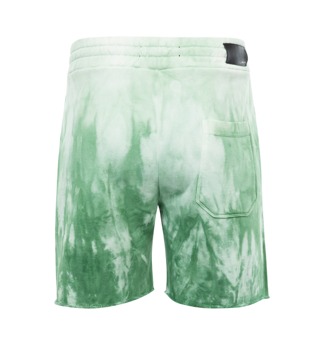 Image 2 of 3 - GREEN - AMIRI Dip Dye Sweat Shorts featuring elasticized waist with toggle drawstring fastening, side slant pockets, back patch pocket, relaxed legs, raw hem and pull-on style. 100% cotton. Made in Italy. 