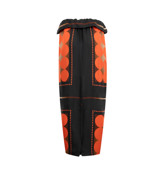 Image 2 of 2 - ORANGE - Khaite pegged skirt in silk twill with a placed grid print of fiery spots. Frilled top at drawstring waist cinched by grosgrain ties. High back slit. Grid dot silk twill (100% silk). 