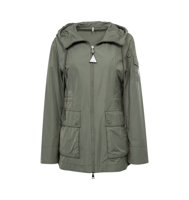 Image 1 of 2 - GREEN - MONCLER Leandro Short Parka Jacket featuring hood, zipper closure, patch pockets, sleeve pocket with snap button closure and waistband with drawstring fastening. 60% polyester, 40% cotton. Made in Italy. 