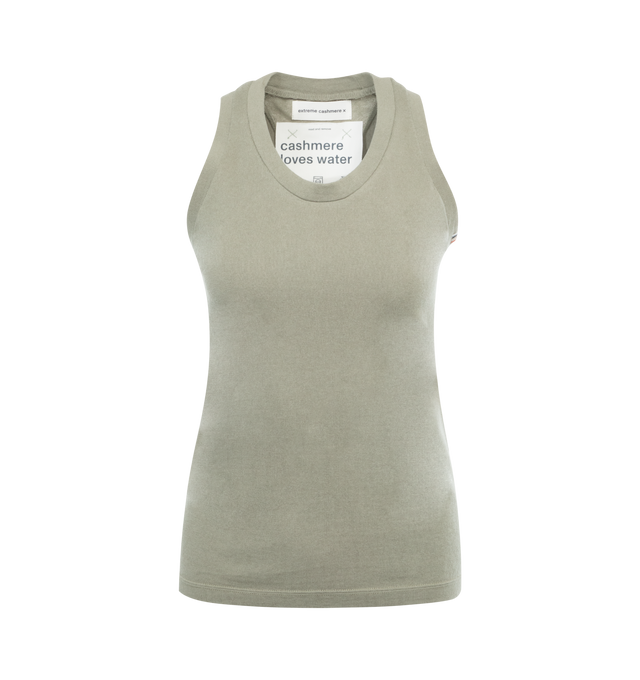 Image 1 of 2 - GREEN - EXTREME CASHMERE Tank Top featuring straight fit, stretchy fabric, falls to the hip and racer back. 70% cotton, 30% cashmere. 