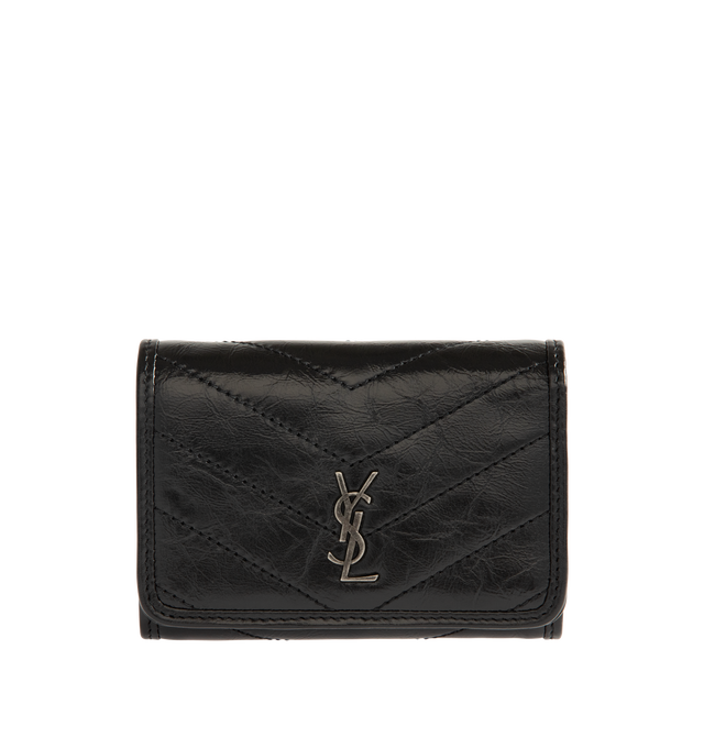 Image 1 of 3 - BLACK - Saint Laurent Womens Tri-Fold Wallet is crafted from calfskin leather. Features signature CASSANDRE hardware, quilted topstitching, snap-button closure, six card slots, one bill compartment, one zip coin pocket, and bronze-tone hardware. Dimensions: 12  11.5  2.5 cm. Main Material: Calfskin Leather; Hardware: Brass. Made in Italy. 