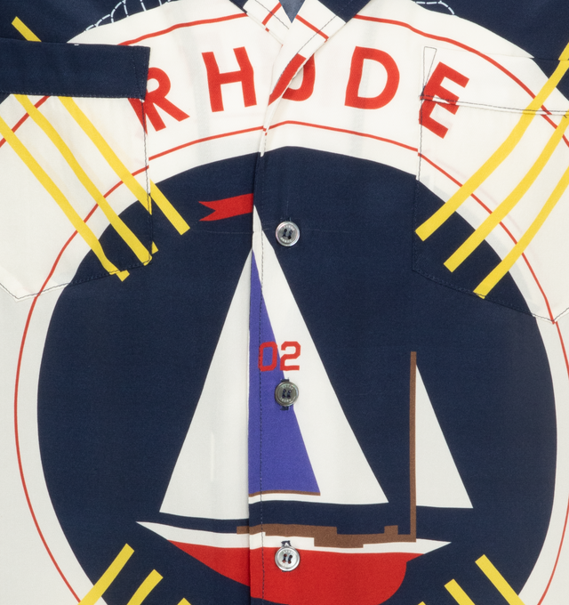 Image 3 of 3 - NAVY - RHUDE Flag Sail Shirt featuring logo graphic pattern printed throughout, open spread collar, button closure, patch pocket, tennis-tail hem and single-button barrel cuffs. 100% silk. Made in United States. 