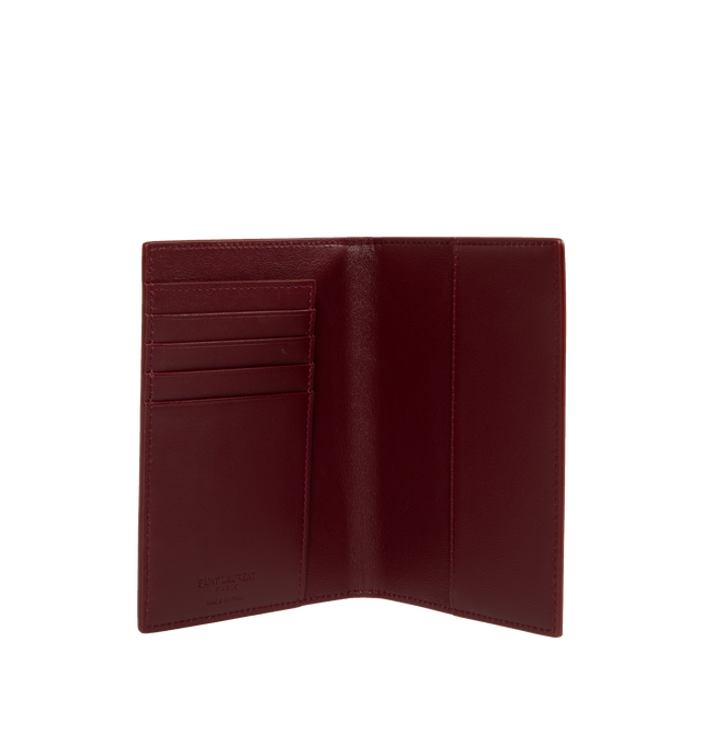 Image 3 of 3 - RED - Saint Laurent YSL Card Holder has carr-quilted over stitching, bronze-tone hardware, and five card slots. Leather lining. 100% lambskin. 4.1 x 3.1 x 0.3 inches. Made in Italy.  