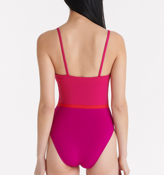 Image 4 of 6 - PINK - ERES Ara Tank One-Piece Swimsuit featuring thin straps, contrasting reinforced band around the waist, wraparound neckline seam and straight back straps. 84% Polyamid, 16% Spandex. Made in Italy. 