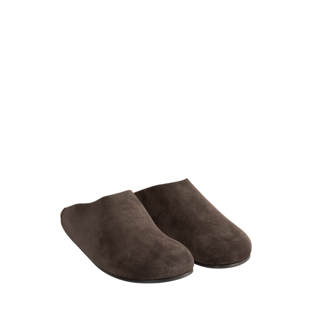 Image 2 of 4 - BROWN - The Row Men's Hudson Slide is crafted from natural suede calfskin leather and features a relaxed slip-on silhouette with a round toe, contoured footbed, and lightweight synthetic sole. Designed for everyday comfort, this refined sandal combines premium materials with understated styling and is finished with a subtle elevated profile. Main Material: 100% Calfskin Leather. Footbed: Contoured. Sole: Synthetic. Toe: Round. Heel Height: 1.25 in. *Fit: Runs Slightly Small; We Recommend Orde 