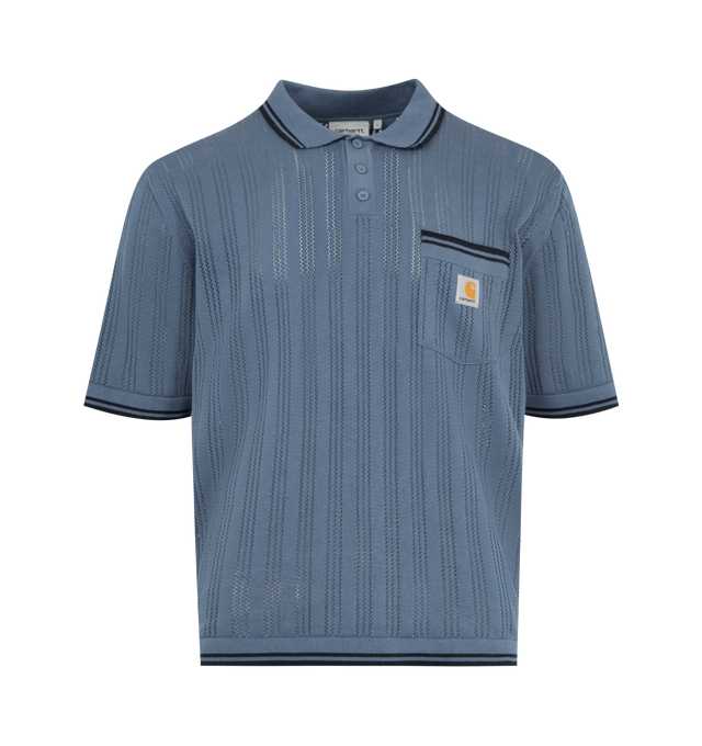 Image 1 of 2 - BLUE - CARHARTT WIP Ramsey Polo Shirt featuring partial buttons closure, chest pocket, ribbed cuffs and hemline and logoed label on the chest. 100% cotton. 
