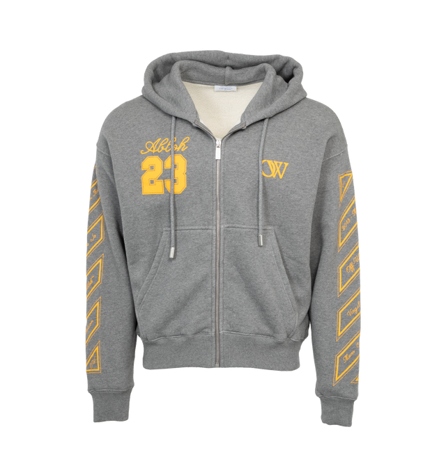 Image 1 of 3 - GREY - OFF-WHITE Ow 23 Zip Skate Hoodie featuring zip front closure, drawstring hood, ribbed hem and cuffs and logo on front. 100% cotton.