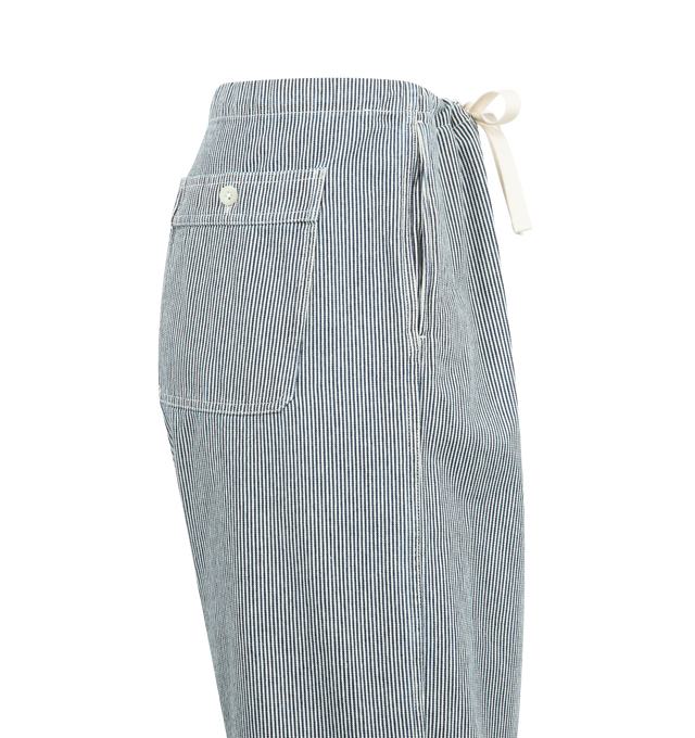 Image 3 of 3 - NAVY - CHIMALA Hickory Drawstring Pants featuring 10 oz canvas, relaxed fit, staight leg pant with drawstring waist, slip pockets at the sides and single buttoned patch pocket at back. 100% cotton. Made in Japan. 