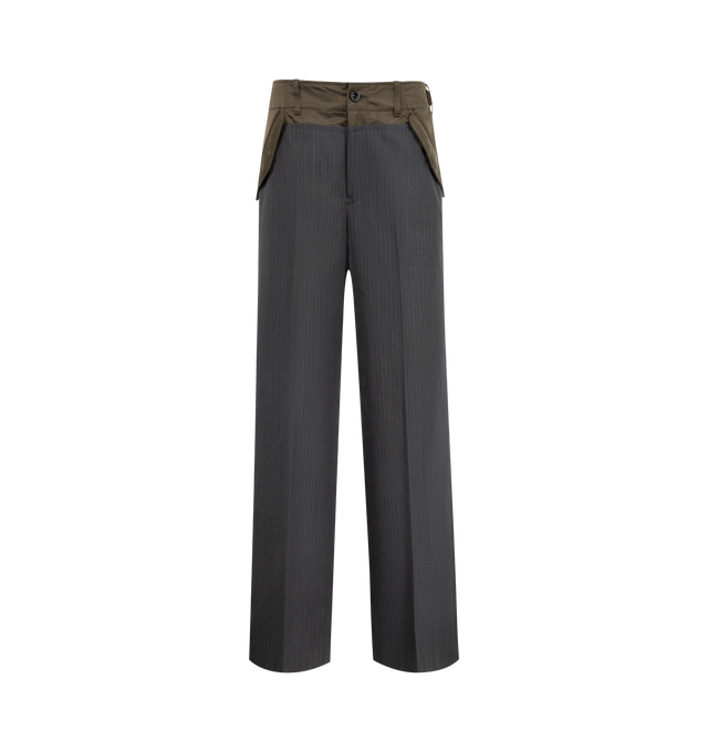 Image 1 of 3 - GREY - SACAI Stripe Doeskin Pants featuring button and zip-fly fastenings at front, regular fit, mid-rise, wide leg, belt loops, adjustable tabs at waist, pressed creases at front and back, flap pockets at side and welt pockets at back. 100% wool. Made in Japan. 