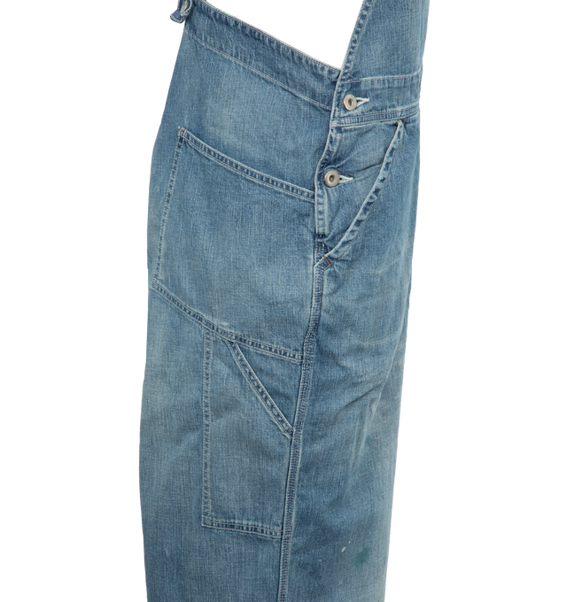 Image 3 of 3 - BLUE - CHIMALA Denim Overall featuring baggy boyfriend style, wide leg, slight drop crotch, classic four pocket style, adjustable shoulder straps with metal button and hook fastening and button closure on sides. 100% cotton. 