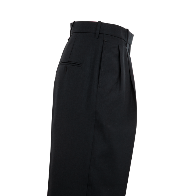 Image 3 of 3 - BLACK - THOM BROWNE School Uniform Plain Weave Trouser featuring double pleat, shortened hem, roomy wide fit, tab front closure, button-fastening back welt pockets, adjustable buttoned backstrap and signature striped grosgrain loop tab. 50% wool, 50% polyester. Lining: 100% cupro. Made in Italy. 