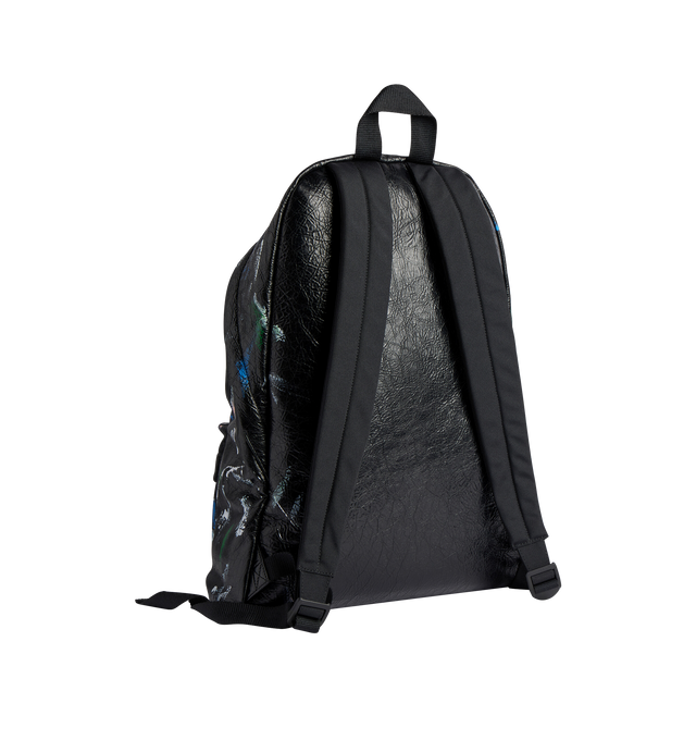 Image 2 of 3 - BLACK - BALENCIAGA Explorer Backpack featuring painter's shirt artwork on Arena lambskin, calfskin and polyamide, one top handle, adjustable shoulder straps, Balenciaga logo debossed and printed at front, matte black hardware, top double-ended zip-fastening closure, front zipped pocket, 1 inner zipped pocket, 1 inner patch pocket, BB logo engraved zipper puller with cotton string and cotton canvas lining. 13.7" x 18.5" x 7.8". Lambskin, calfskin, polyamide. Made in Italy. 