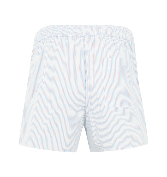 Image 2 of 3 - BLUE - MIRA MIKATI Embroidered Stripe Shorts featuring boxer-inspired shorts, stripes throughout, lightweight, embroidered hearts and a Matcha time grosgrain tape detail. 100% cotton. 