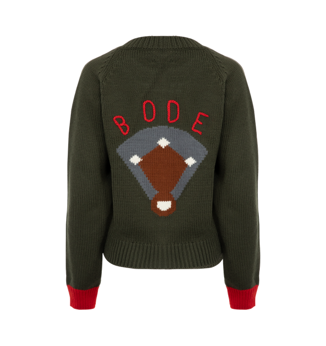 Image 2 of 2 - GREY - Bode Home Run Cardigan has a crew neck, a button front closure, a jacquard design at the front and back, ribbed trims, and contrast trim cuffs. 