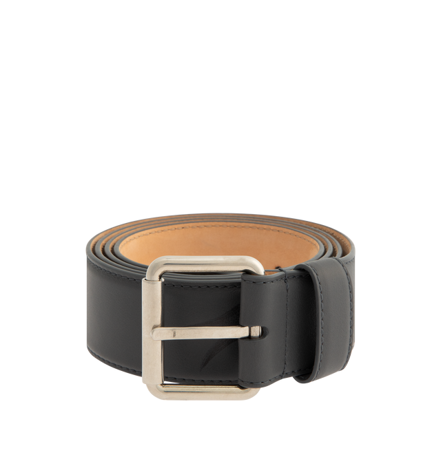 Image 1 of 2 - BLACK - BALENCIAGA Prong Belt in smooth calfskin featuring Balenciaga logo engraved on the inside of the buckle, aged-silver hardware, notches on the belt and tone-on-tone leather loop. Width: 1.2 inch. Calfskin. Made in Italy. 