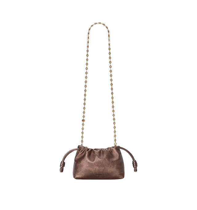 Image 3 of 4 - BROWN - LOEWE Mini Flamenco Purse in moir printed calfskin featuring a ruched shape and historical knot drawstrings, shoulder, crossbody or hand carry, detachable sliding donut chain with Anagram Pebble, magnetic closure, suede lining and embossed LOEWE. Moir printed calf. 14 cm x 21 cm x 8 cm. Made in Spain. 