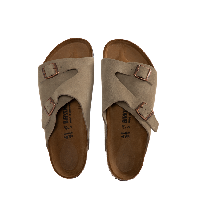 Image 4 of 4 - BROWN - BIRKENSTOCK Zurich Sandal featuring dual straps at vamp with adjustable metal pin buckle, anatomically shaped cork-latex footbed, pronounced arch support, roomy toe box and regular fit. Suede upper with EVA sole. 