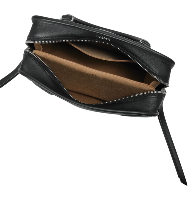 Image 12 of 16 - BLACK - Loewe Small Amazona 180 Bag in leather features a relaxed silhouette anchored by a single toron top handle, designed to be carried open, while a concealed closure secures the main compartment, three carry options: short handle, removable shoulder strap and crossbody, zip closure with two leather zip pullers, two compartments, main compartment closed with magnetic closure, internal flat pocket, left side d-ring for customization, nappa lambskin lining, and embossed double L branding. 