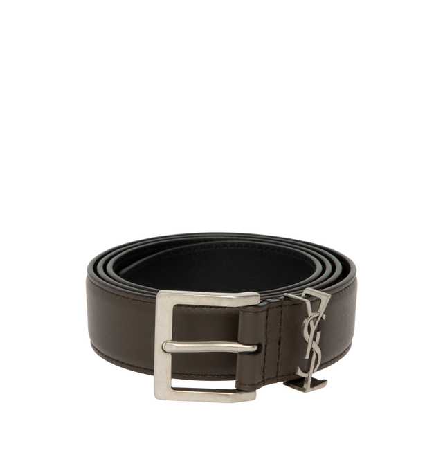 Image 1 of 2 - BROWN - Saint Laurent Mens Cintura Box Belt is crafted from calf leather. Features a slim silhouette, adjustable buckle closure, and silvertone hardware. Main Material: Calf Leather. Made in Italy. 
