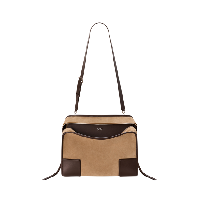 Image 9 of 16 - BROWN - Loewe Mens Amazona 180 XL Bag is crafted from suede with soft calfskin details. Features a relaxed silhouette, single toron top handle, removable shoulder handle, adjustable crossbody strap, zip closure with two leather pullers, two compartments with concealed magnetic closure, interior flat pocket, side D-ring, suede and nappa lambskin lining, palladium-tone hardware, and embossed LOEWE and Double L branding. Dimensions: 40  31  16 cm; Strap Length: 105133 cm; Strap Drop: 4761 cm; H 
