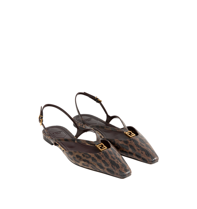 Image 2 of 4 - BROWN - FENDI FFold Slingback Shoe featuring square toe, straps that wrap around the foot, metal FF detail with a special design that includes a functional hinge in the center and gold-finish metalware. 100% karung snake leather. Made in Italy. 