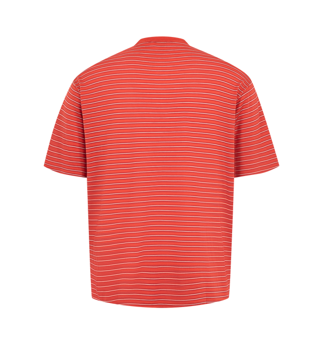 Image 2 of 2 - RED - Auralee Men's Soft Smooth Wool Stripe Jersey T-Shirt is crafted from 15.5-micron merino wool jersey and features a multicolored striped design. The fabric has a natural sheen with an exceptionally smooth, soft, and fluid hand. Cut in a regular fit. Main Material: 100% Wool. 