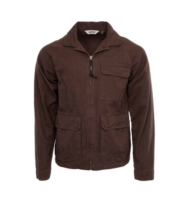 BROWN - ASPESI Micky Summer Jacket featuring three front patch pockets, one inner pocket, a zip closure, and a regular fit. 100% cotton.
