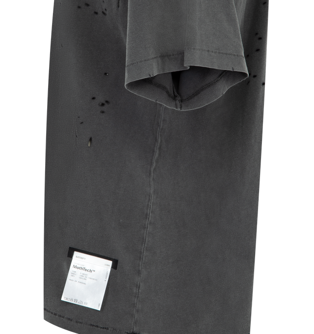 Image 3 of 3 - AGED BLACK SAB - SATISFY MothTech T-Shirt featuring short sleeves, crew neck, weathered with each hole that is laser-cut and hand-opened to creating airflow, logo in puffy ink, stealth-reflective SATISFY logo and fully detachable care label on the outside. 100% cotton. 