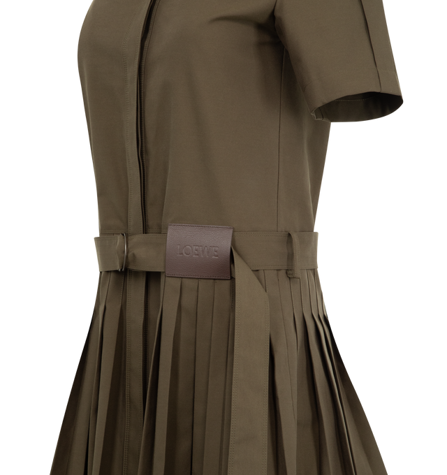 Image 3 of 3 - GREEN - Loewe dress in lightweight cotton blend gabardine featuring a pleated skirt and an adjustable D-ring self belt. Regular fit, short length with classic collar, concealed button front fastening, seam pockets, rear flap pocket and LOEWE embossed leather patch placed at the front. Made in Spain. 
