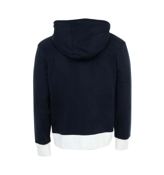 Image 2 of 3 - NAVY - Thom Browne Men's Leisurewear Classic 4-Bar Jersey Zip up Hoodie with signature Thom Browne emblem, front zip closure, slip side pockets, name tag applique, signature striped grosgrain loop tab. 100% Cotton. Made in Japan. 