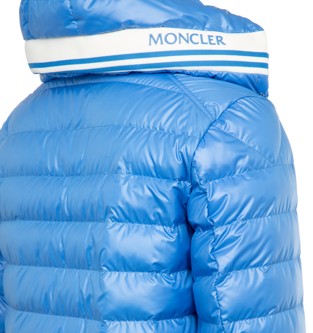 Image 3 of 4 - BLUE - MONCLER Cornour Padded Jacket featuring two-way zip fastening, adjustable hood, padded insulation, and rubberised logo and striped detailing across the hood. 100% polyester. Padding: 90% down, 10% feather. Made in Moldova. 