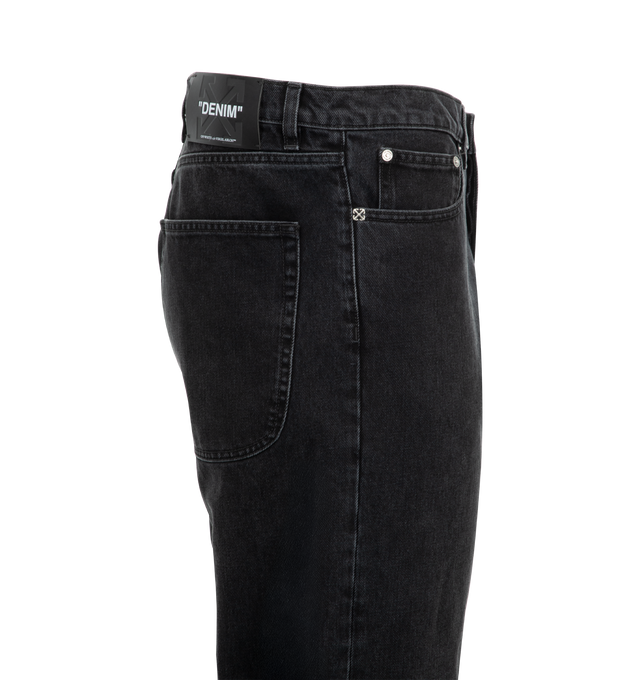 Image 3 of 3 - BLACK - Off-White Diag Outl Relaxed Jeans are a 5-pocket style with a straight leg fit, embroidered diagonal stripes, and a zip fly. 100% cotton.  