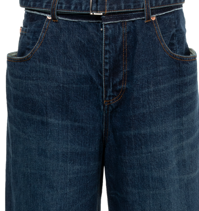 Image 4 of 4 - BLUE - SACAI Wide Denim Pants featuring relaxed fit, full length, adjustable belt and topstitching. 100% cotton.  